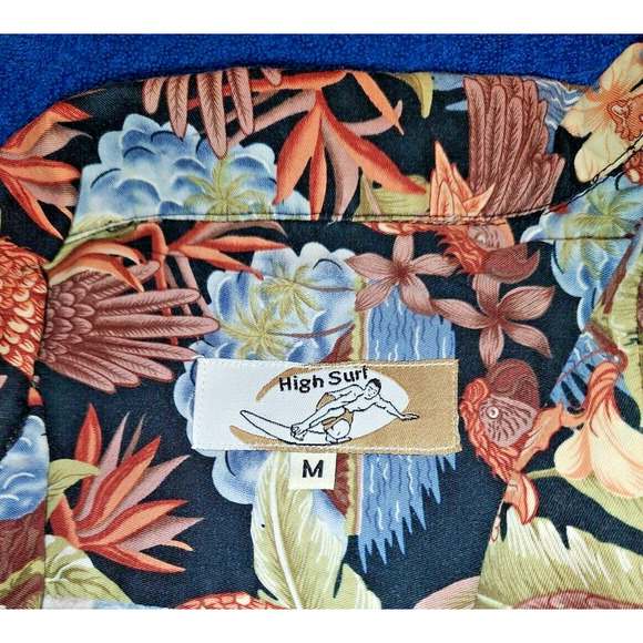High Surf Island Men's Hawaiian Shirt Black W/Birds & Flowers Size Medium - Picture 3 of 8